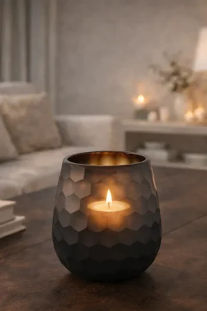 Actieprijs PTMD Theelicht Eboney Bruin rond glas cirkel patroon