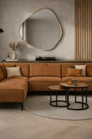 Bestel Nu Industriële hoekbank cognac eco-leer Brisbane - links